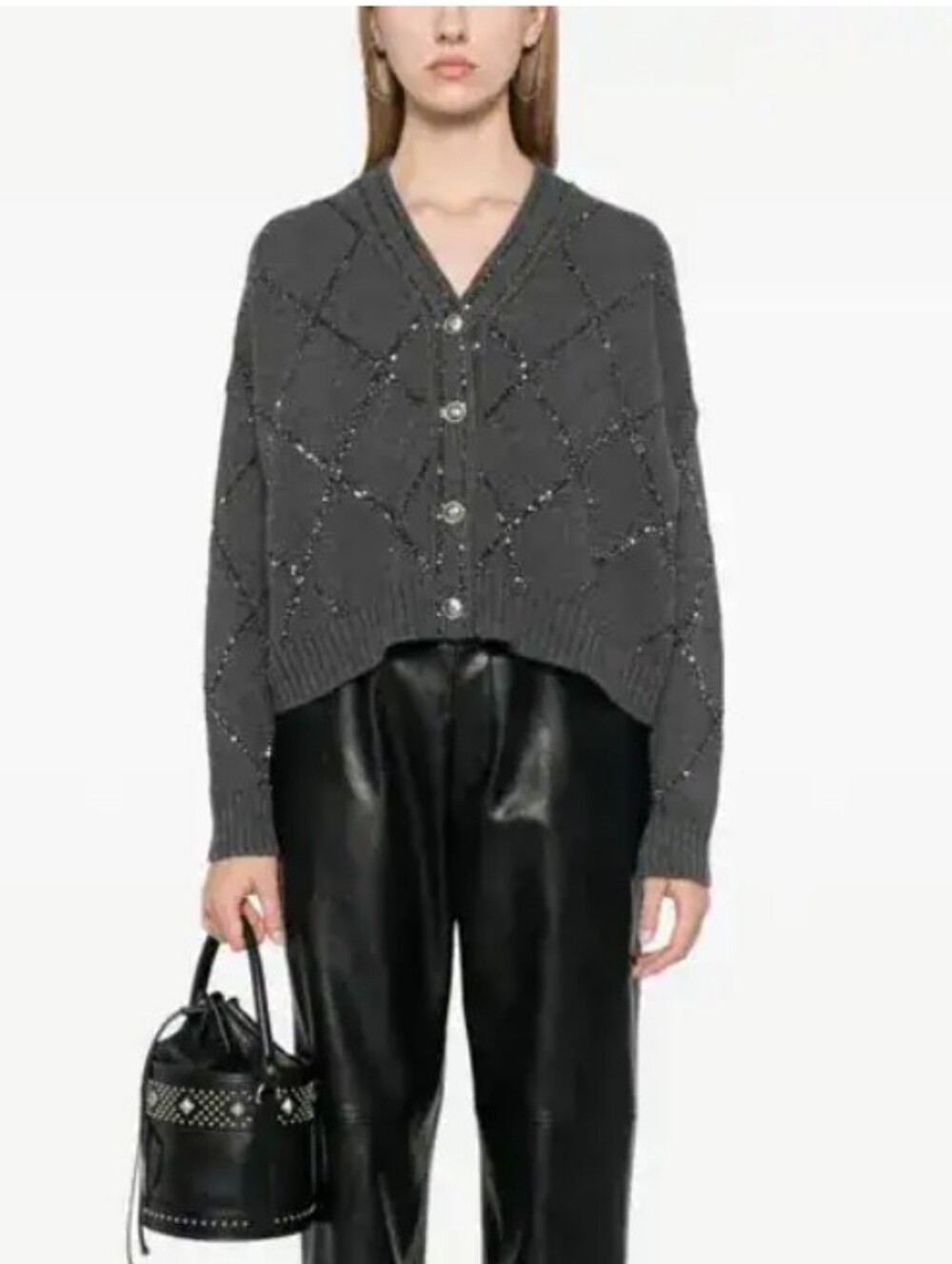 Christian Lacroix Sequin Argyle Crop Cardigan, a charcoal grey V-neck jacket